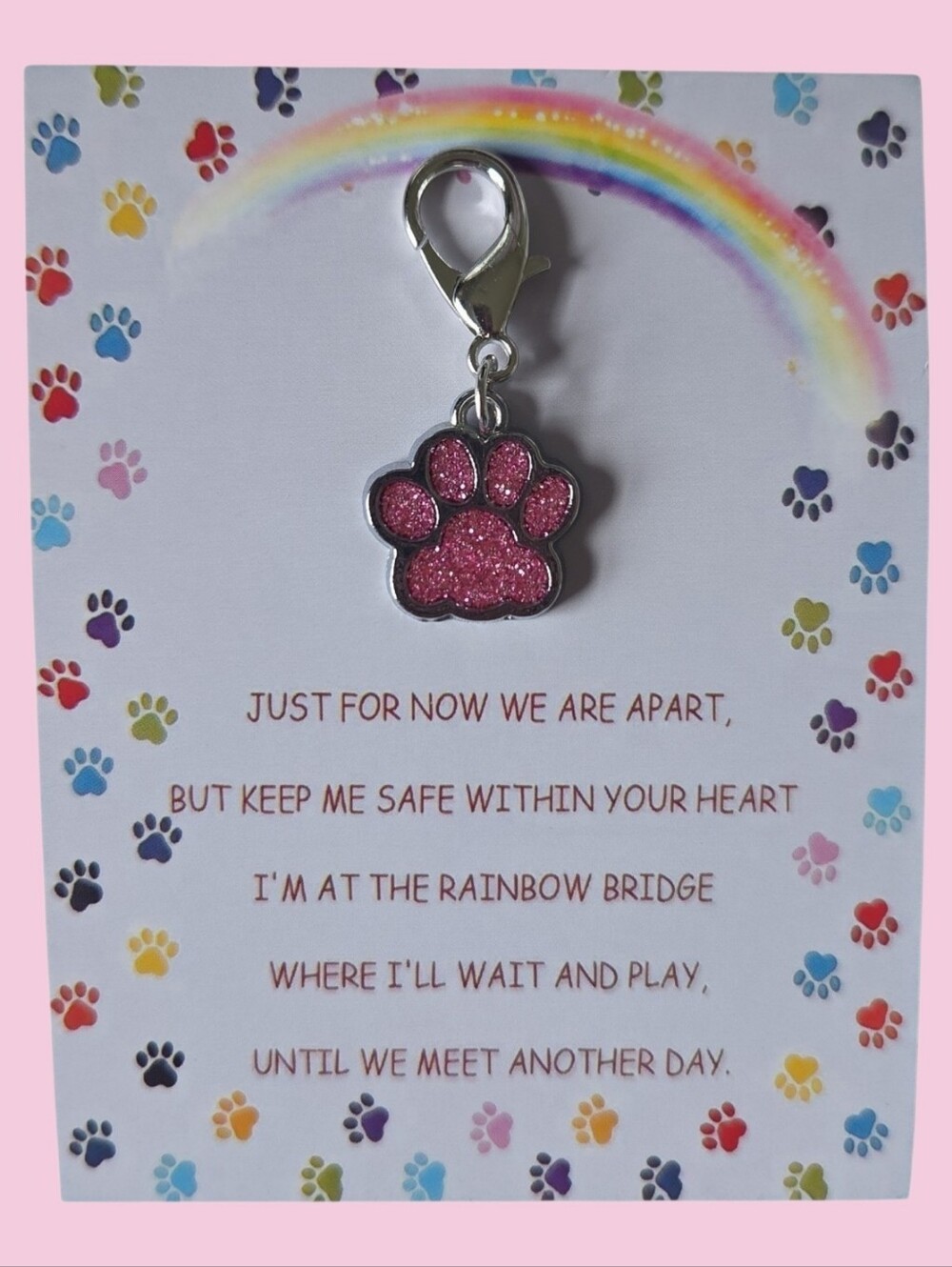 Rainbow Bridge Pet Memorial Paw Print Charm Keychain/Bag Clip – Glitter Paw Char